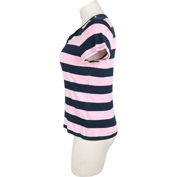 TOMMY HILFIGER Pink and Navy Striped V-neck Tee | Size Large - Picture 2 of 5